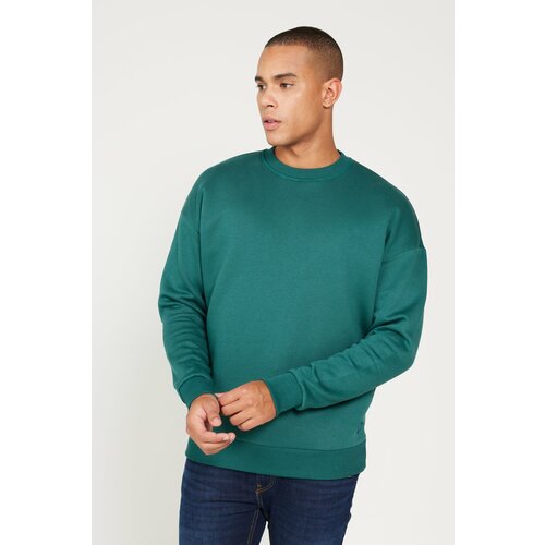 AC&Co / Altınyıldız Classics Men's Dark Green Oversize Fit Wide Cut Cotton Fleece Inner 3 Thread Crew Neck Sweatshirt Slike