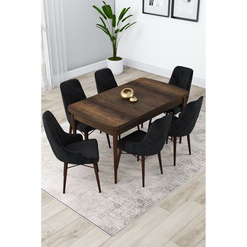 Hanah home trpezarijski set Lia, sto na razvlačenje i 6 stolica, ploča u dekoru drveta Baroque, crna tkanina Babyface Cene