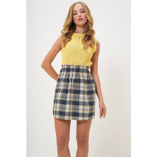 Trend Ala&amp;ccedil;atı Stili Women&amp;#039;s Navy Blue Plaid Patterned Waist Stitched Mini Skirt Slike