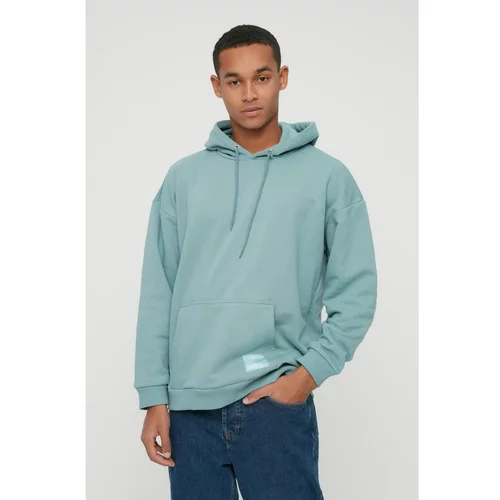 Trendyol Mint Men's Hoodie Oversize Slogan Label Sweatshirt