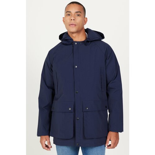 AC&Co / Altınyıldız Classics Men's Navy Blue Hooded Stand Collar Standard Fit Warm Windproof Coat Slike