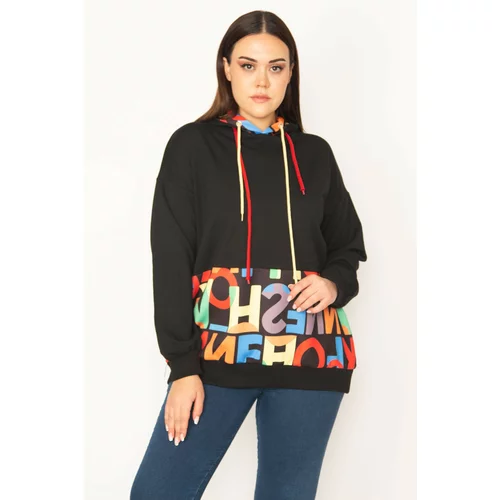 Şans Women's Plus Size Black Hooded Letter Front Sweatshirt