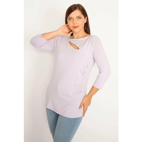 Şans Women's Plus Size Lilac Collar Stone And Side Gathered Detailed Blouse Slike