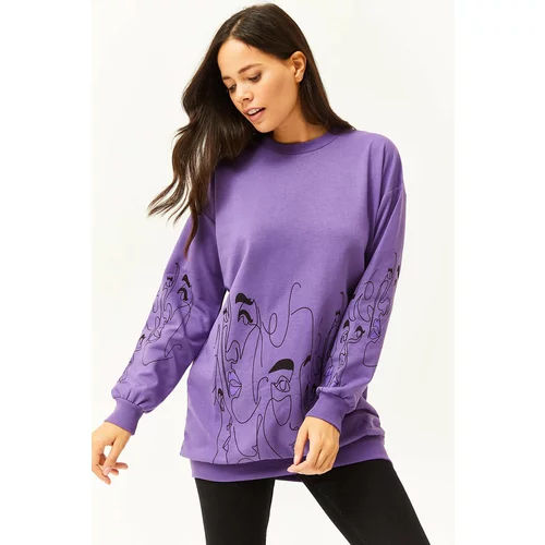Olalook Women's Purple Face Figured Oversize Sweatshirt