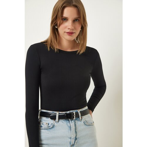  Women&amp;#039;s Black Crew Neck Basic Viscose Knitted Blouse Slike