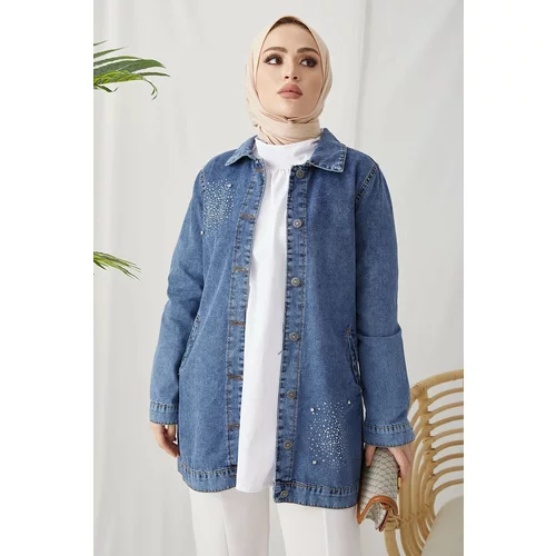 InStyle Pearl Detailed Denim Jacket - Ice Blue