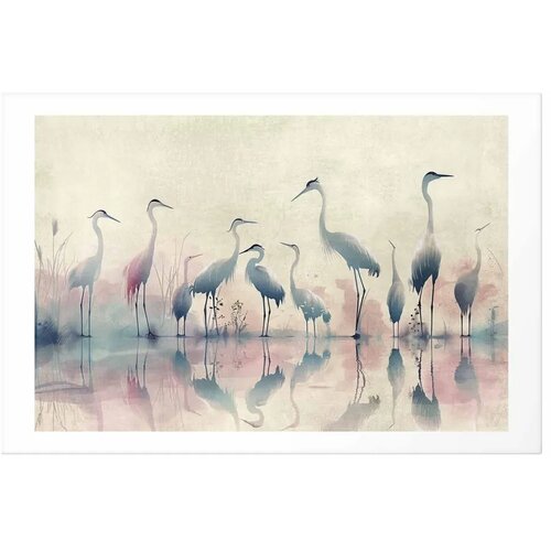  Plakat - Birds by the Lake - herons painted in watercolor in a delicate gray-pink palette 60x40 Bez okvira s margom Slike