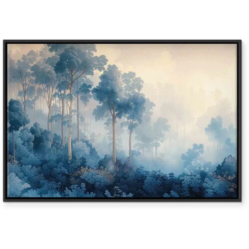  Slika - Landscape with Trees in Illustrative Style Fairy-Tale Blue Forest 120x80 U crnom drvenom okviru Slike