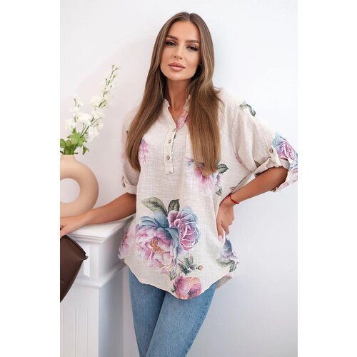 Kesi Włoski Women&amp;#039;s cotton blouse with a floral pattern beige Slike