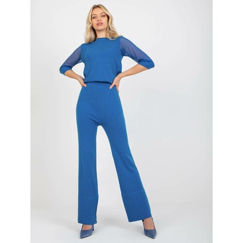 Fashion Hunters Dark blue knitted pants with a wide leg Cene