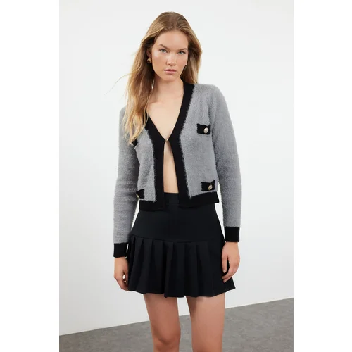 Trendyol Gray Shaggy Color Blocked Knitwear Cardigan