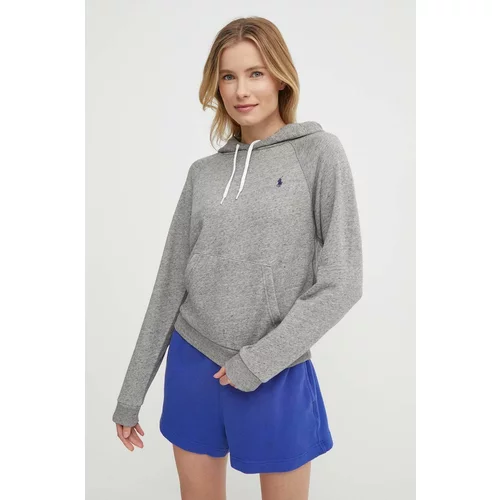 Polo Ralph Lauren Bombažen pulover ženski, siva barva, s kapuco, 211935583