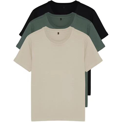 Trendyol Black-Beige-Khaki Men's Basic Slim Fit 100% Cotton 3-Pack T-Shirt