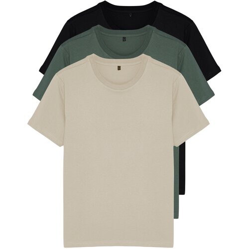 Trendyol Black-Beige-Khaki Men's Basic Slim Fit 100% Cotton 3-Pack T-Shirt Cene