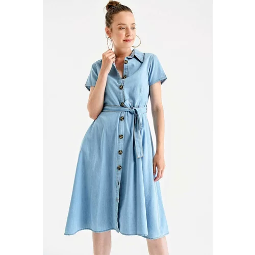 Bigdart 1677 Halterneck Buttoned Waist Belt Denim Dress - Blue