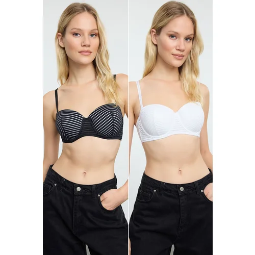 Trendyol Black-White 2-Pack Striped Covered Strapless Knitted Bra