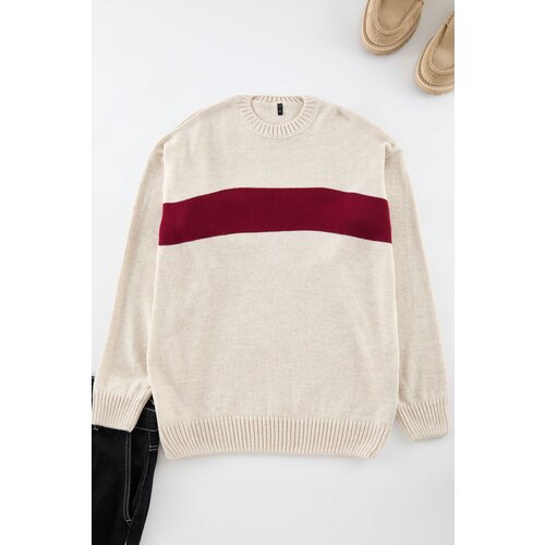 Trendyol Beige Regular Crew Neck Color Block Knitwear Sweater Slike