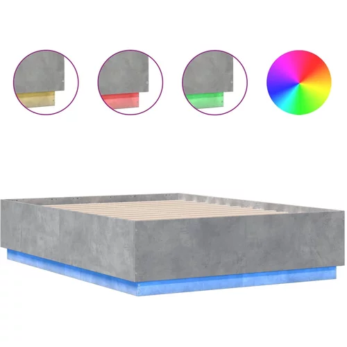 vidaXL Okvir krevet s LED svjetlima siva boja betona 135x190 cm drveni
