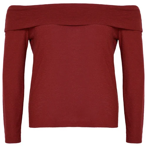 Trendyol Curve Claret Red Carmen Collar Knitted Plus Size Blouse