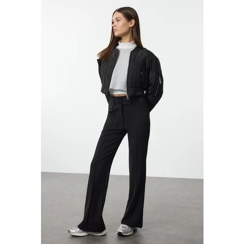 Trendyol Black Ribbed Detail High Waist Flare/Flare Leg Trousers