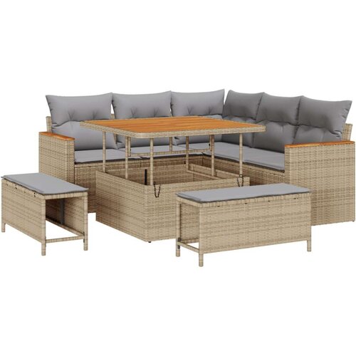  8-dijelni Vrtni Sofa Set s Jastucima Bež Poly Ratan Akacija 3-dijelni Vrtni Set za Jelo s Jastucima Bež Poly Ratan Akacija Slike