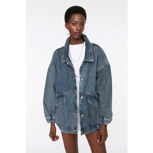 Trendyol Dark Blue Pocket Detailed Oversize Denim Jacket Cene