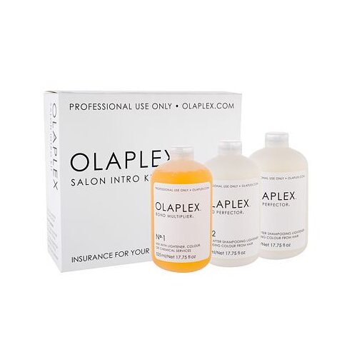 Olaplex Bond Multiplier No. 1 Salon Intro Kit darilni set Bond Multiplier No. 1 525 ml + Bond Perfector No. 2 2 x 525 ml + razpr&amp;scaron;ilec Dosing Dispenser 1 ks po&amp;scaron;kodovana &amp;scaron;katla za ženske Slike