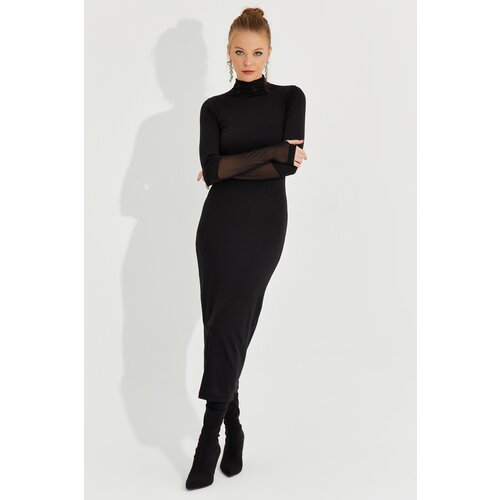 Cool & Sexy Women's New Year Black Tulle Detailed Midi Dress with Gloves Cene