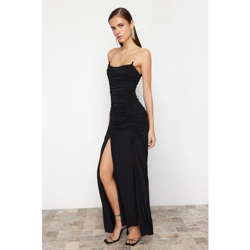 Trendyol Black Draped Knitted Long Evening Dress