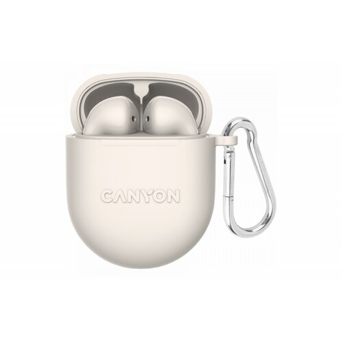 Canyon TWS-6, bluetooth headset, with microphone, bt V5.3 jl 6976D4, frequence Response:20Hz-20kHz, battery earbud 30mAh*2+Charging case 400mAh, type-c cable length 0.24m, size: 64*48*26mm, 0.040kg, beige Slike