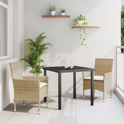 vidaXL 3-dijelni set za objedovanje u vrtu s jastučićima bež poli ratan, Crni vrtni stol 80x80x73 cm od kaljenog stakla Cene