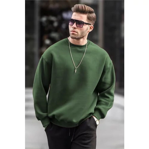 Madmext Khaki Crew Neck Oversize Branded Basic Men's Sweatshirt 6048