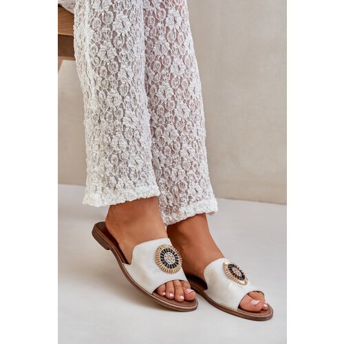 Lewski Shoes Leather Slippers With Decoration On Flat Heel Gold Distressed Lewski Cene
