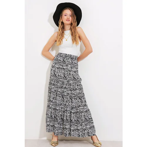 Bigdart Women's Black and White Patterned Long Viscose Skirt 1898