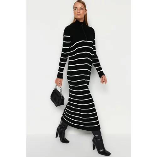 Trendyol Black Striped Sweater Dress With Zipper Detail