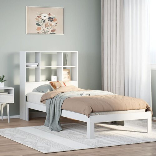 VidaXL Krevet s regalom za knjige bez madraca bijeli 90x200cm borovina Slike