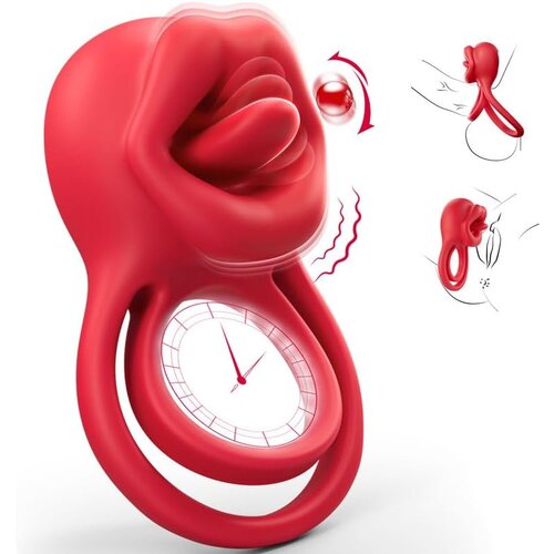 SuperLove Vibrating Cock Ring with Licking Tongue Red Cene