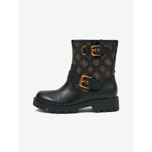 Guess Black Patterned Ankle Leather Shoes with Decorative Straps - Women Cene