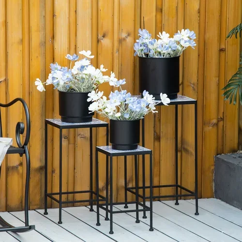 Outsunny Kovinsko držalo za rastline s cvetlično površino iz keramičnih ploščic, 3-delni komplet za vrt in balkon Modra in črna, (20755539)
