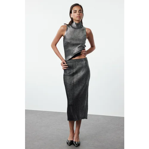 Trendyol Gray Foil Printed Skirted Knitwear Bottom-Top Set