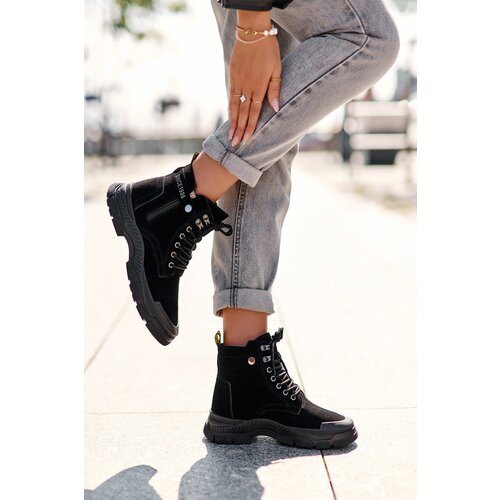 Boto Women's Faux Suede Lined Lace-Up Ankle Boots Black Jailina Cene