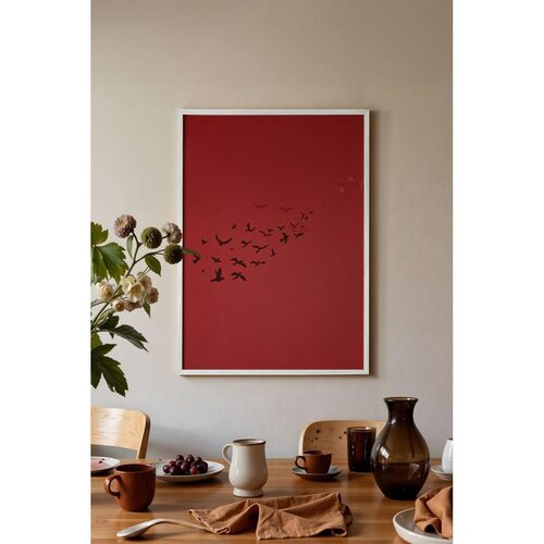 Wallxpert uramljena slika 115209, jato crnih ptica na tamnocrvenoj pozadini, 30 x 40 cm, beli ram Cene