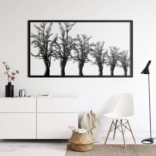 Wallxpert metalni zidni ukras 5210, niz golih stabala u ramu, 75 x 42 cm, crni Cene