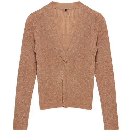 Trendyol Camel Glitter Slit Detailed Knitwear Sweater