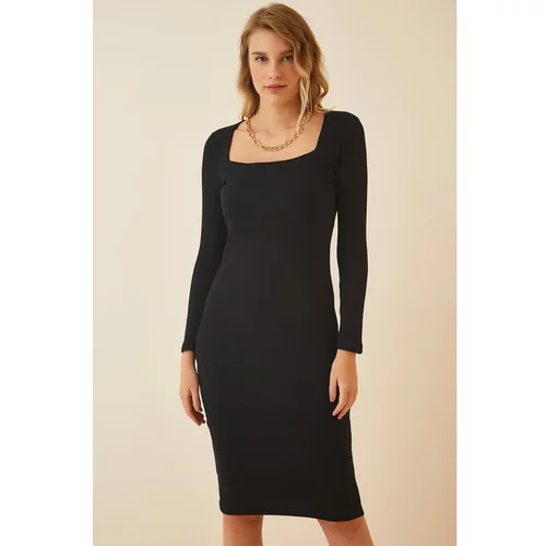 Happiness İstanbul Women's Black Square Neck Corduroy Knitted Dress