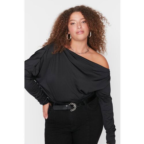 Trendyol Curve Black Boat Neck Pleated Detailed Knitted Blouse Slike