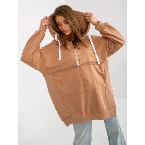 Fashion Hunters Oversized long camel sweatshirt with a hood and slits Slike