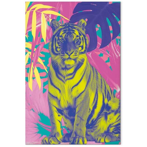  Slika - Colorful Tiger - Intense Colors of a Tiger Surrounded by Tropical Plants 60x90 Akustična Slike