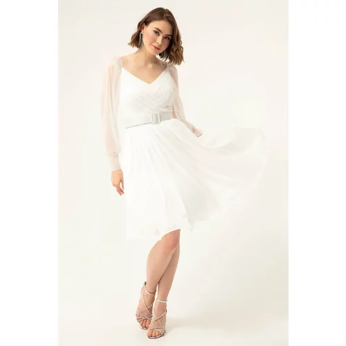 Lafaba Women's White Belted Midi Evening Dress with Glitter.