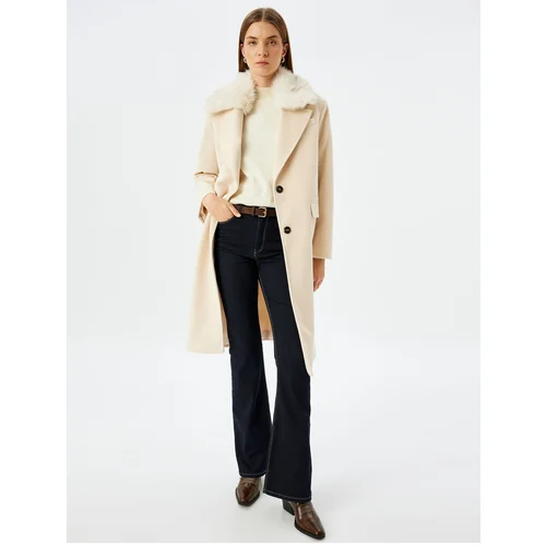 Koton Double Breasted Long Cashmere Coat with Detachable Faux Für Collar